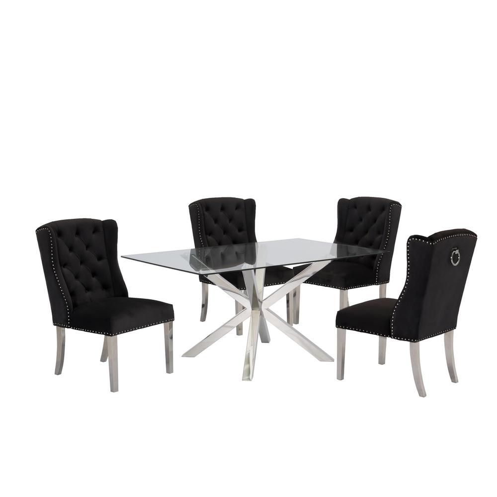 Contemporary Glass 5pc Dining Set, Glass Top Dining Table, Velvet Tufted Wingrest Chairs w/ Silver Stainless Steel Frame, Black. Picture 1