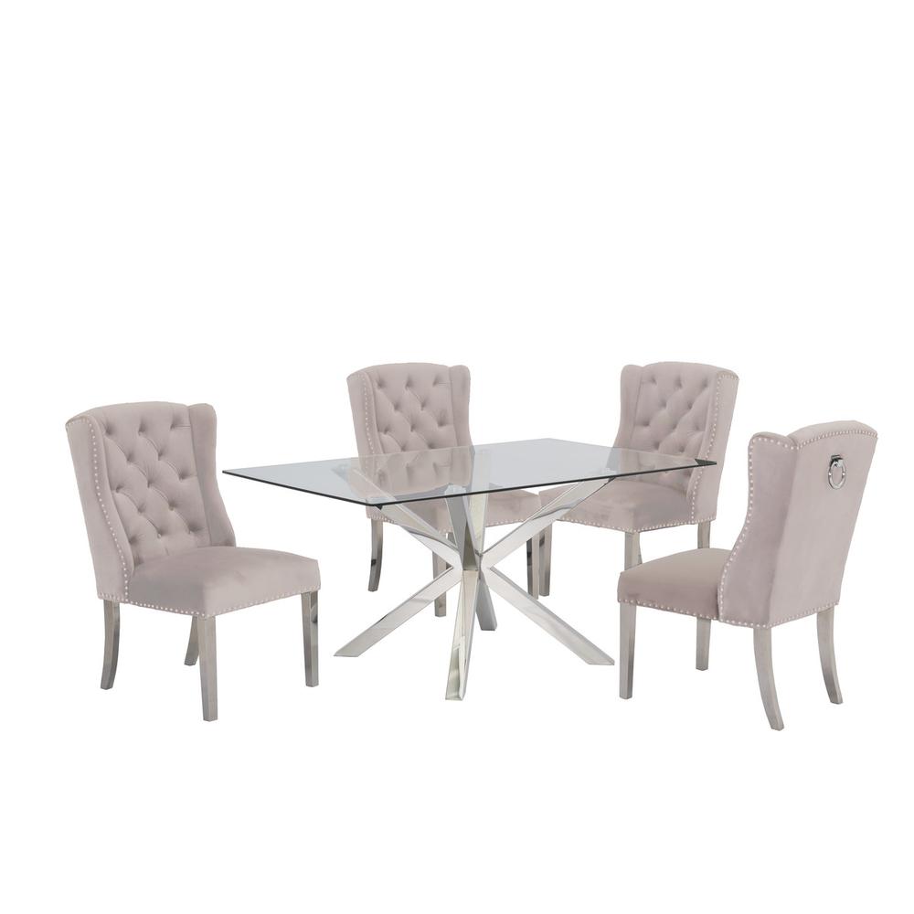 Contemporary Glass 5pc Dining Set, Glass Top Dining Table, Velvet Tufted Wingrest Chairs w/ Silver Stainless Steel Frame, Beige. Picture 1