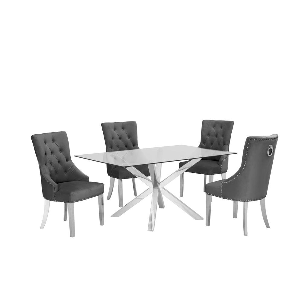 Contemporary Glass 5pc Dining Set, Glass Top Dining Table, Velvet Tufted Side Chairs w/ Silver Stainless Steel Frame, Dark Grey. The main picture.