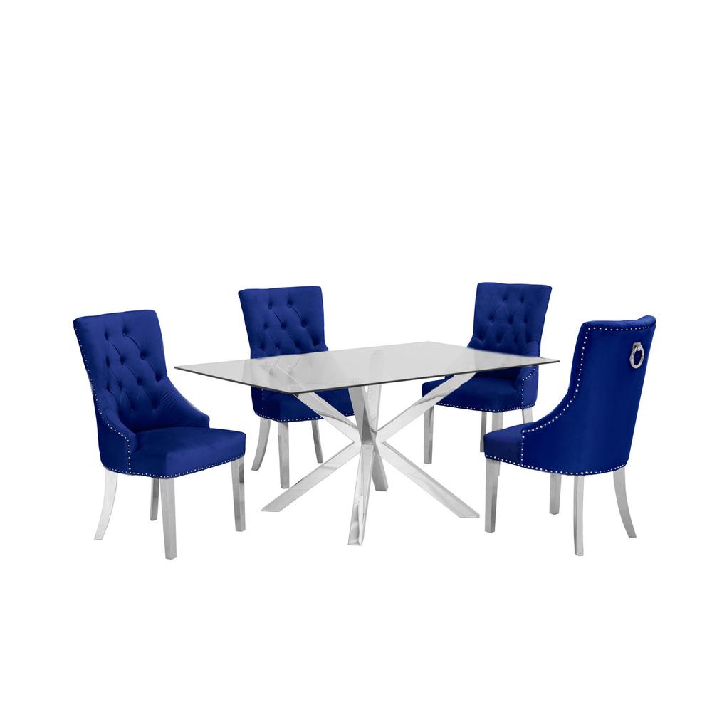 Contemporary Glass 5pc Dining Set, Glass Top Dining Table, Velvet Tufted Side Chairs w/ Silver Stainless Steel Frame, Navy Blue. Picture 1
