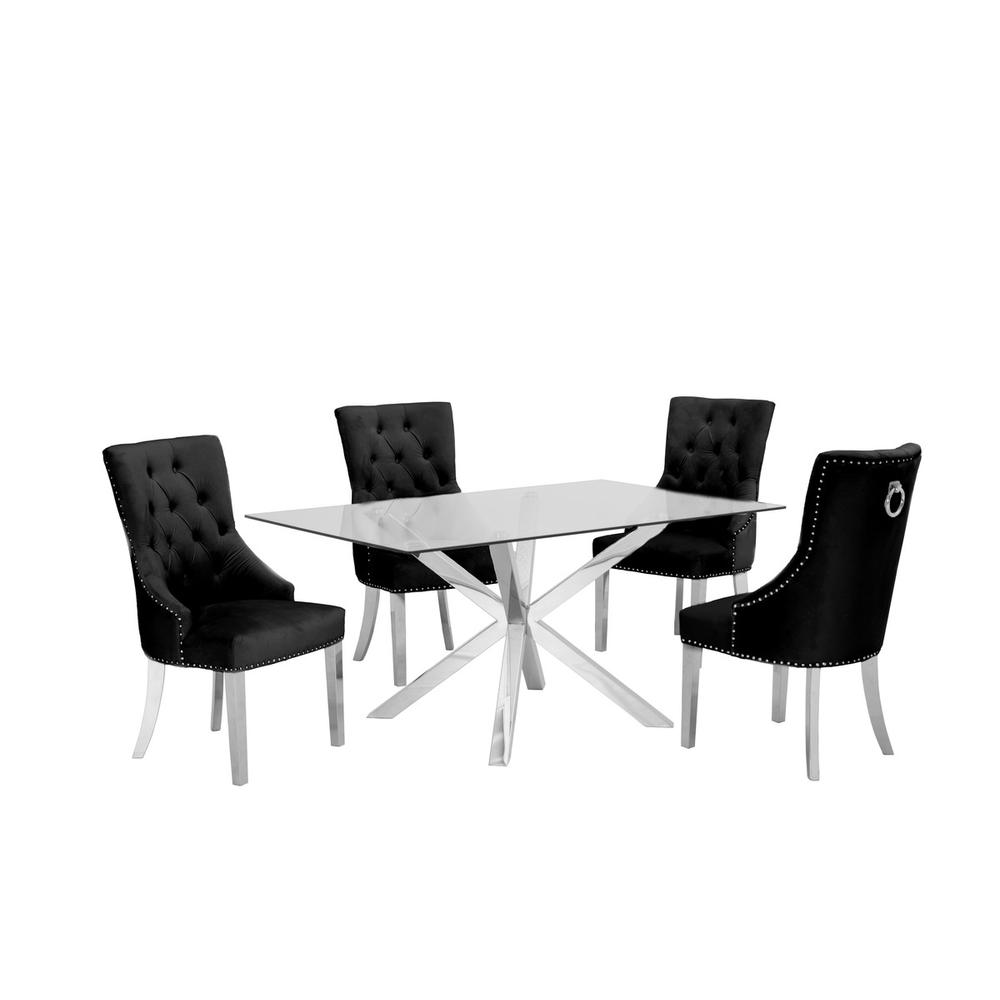 Contemporary Glass 5pc Dining Set, Glass Top Dining Table, Velvet Tufted Side Chairs w/ Silver Stainless Steel Frame, Black. Picture 1