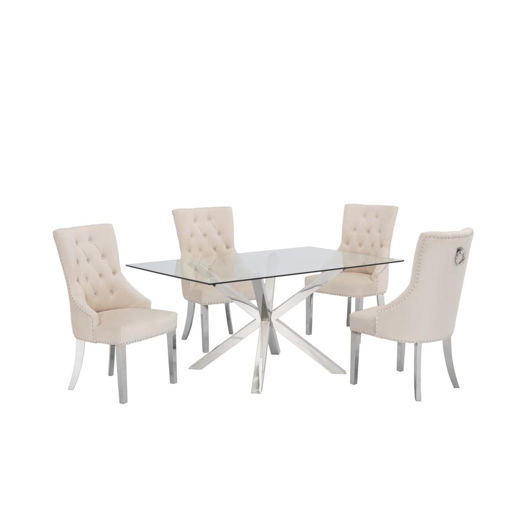 Contemporary Glass 5pc Dining Set, Glass Top Dining Table, Velvet Tufted Side Chairs w/ Silver Stainless Steel Frame, Beige. Picture 1