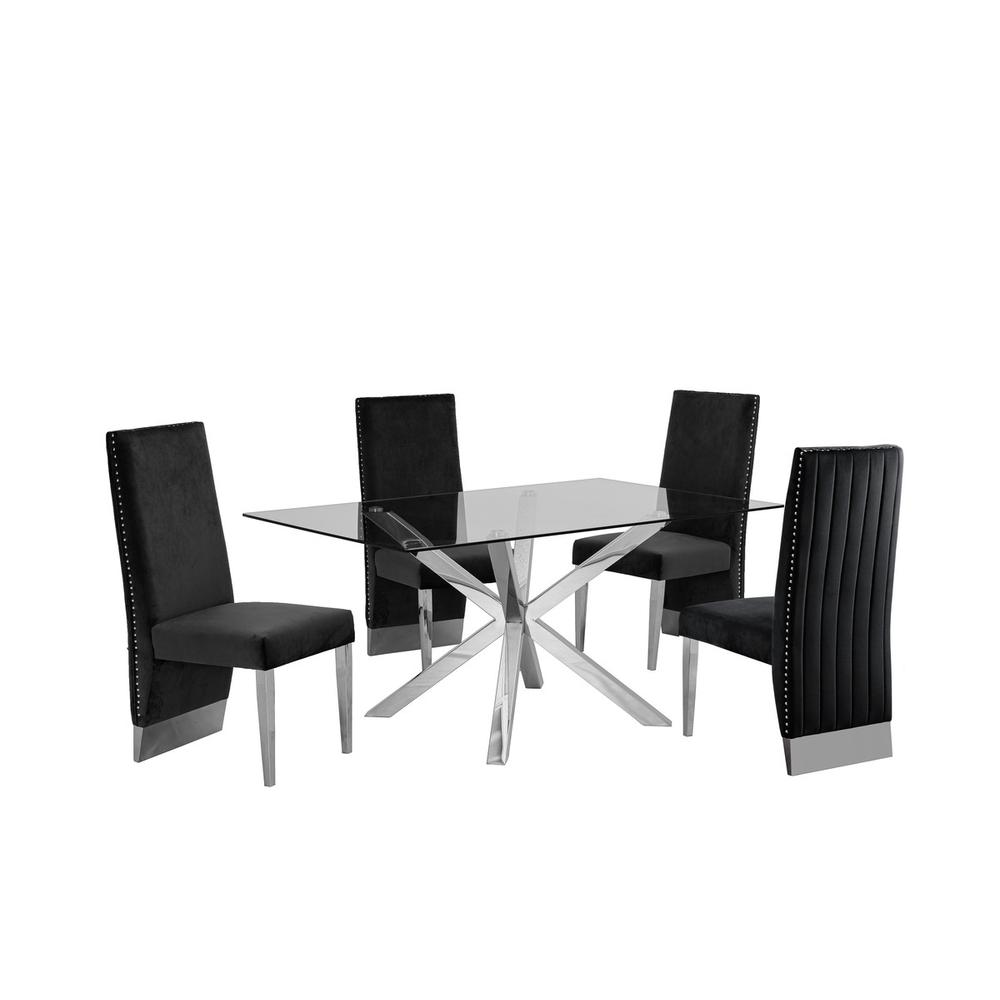 Contemporary Glass 5pc Dining Set, Glass Top Dining Table w/Stainless Steel Steel, and Pleated Velvet Uph Dining Chairs, Black. Picture 1