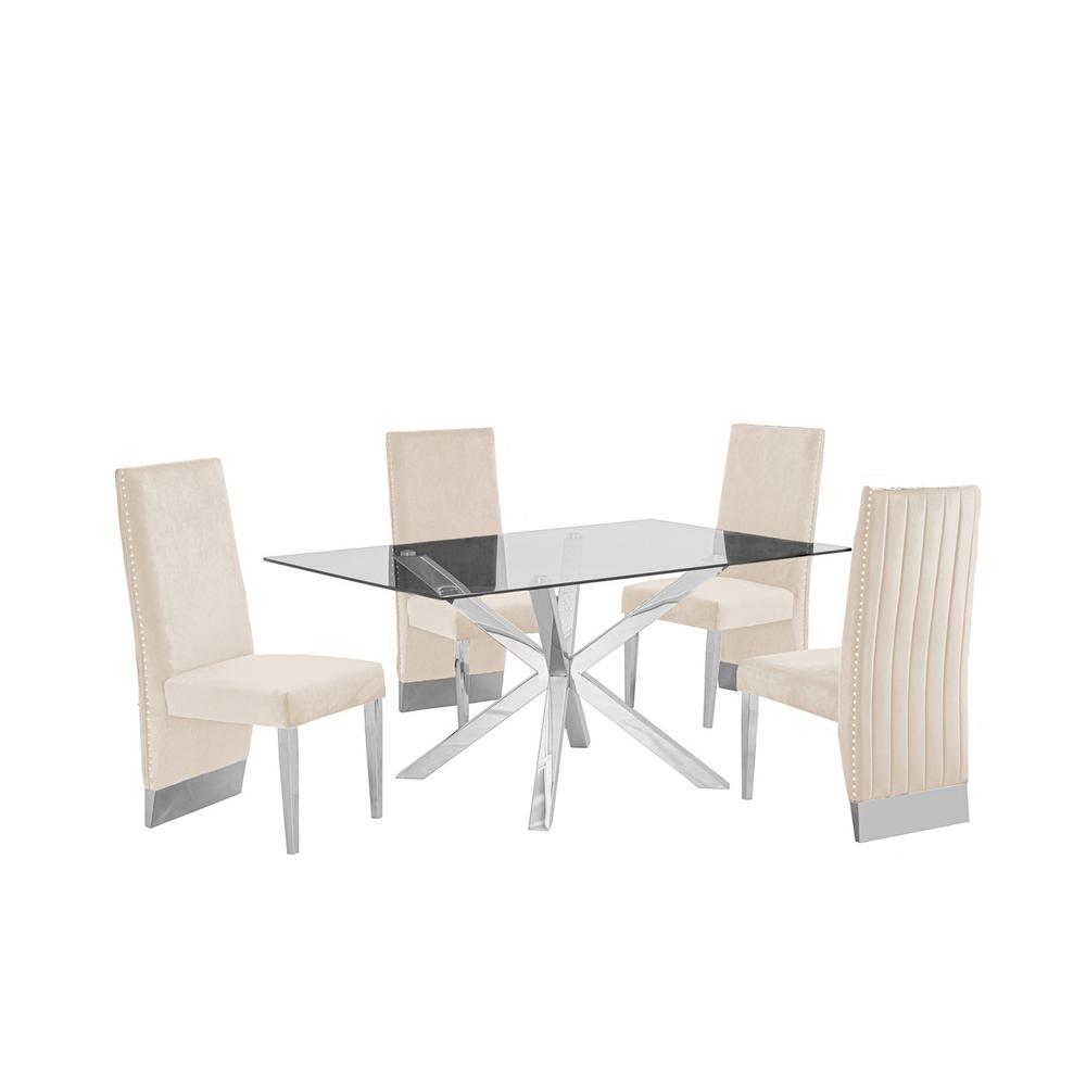 Contemporary Glass 5pc Dining Set, Glass Top Dining Table w/Stainless Steel Steel, and Pleated Velvet Uph Dining Chairs, Beige. Picture 1