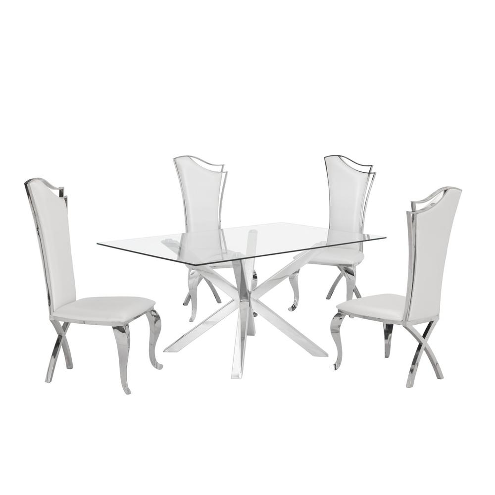 Contemporary Glass 5pc Dining Set, Glass Top Dining Table, Faux Leather Dining Chairs w/ Silver Stainless Steel Frame, White. Picture 1