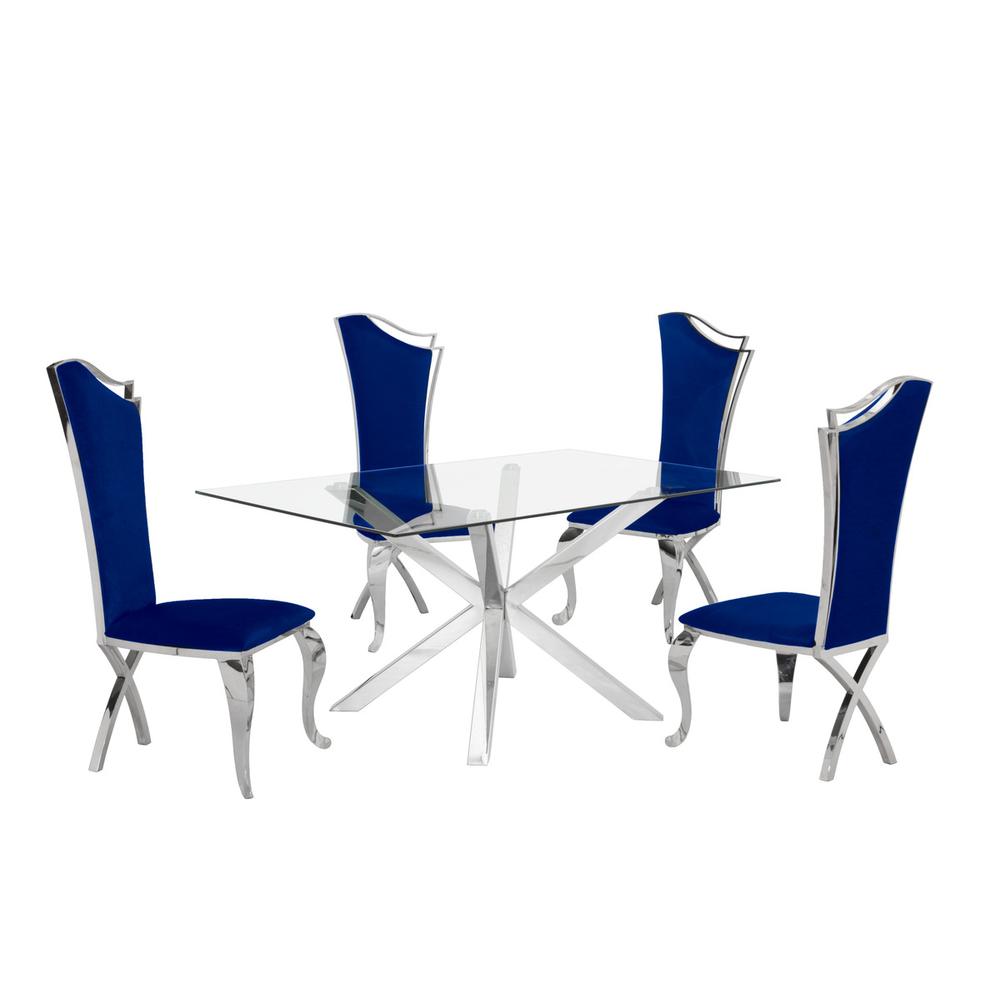 Contemporary Glass 5pc Dining Set, Glass Top Dining Table, Velvet Uph Dining Chairs w/ Silver Stainless Steel Frame, Navy Blue. Picture 1