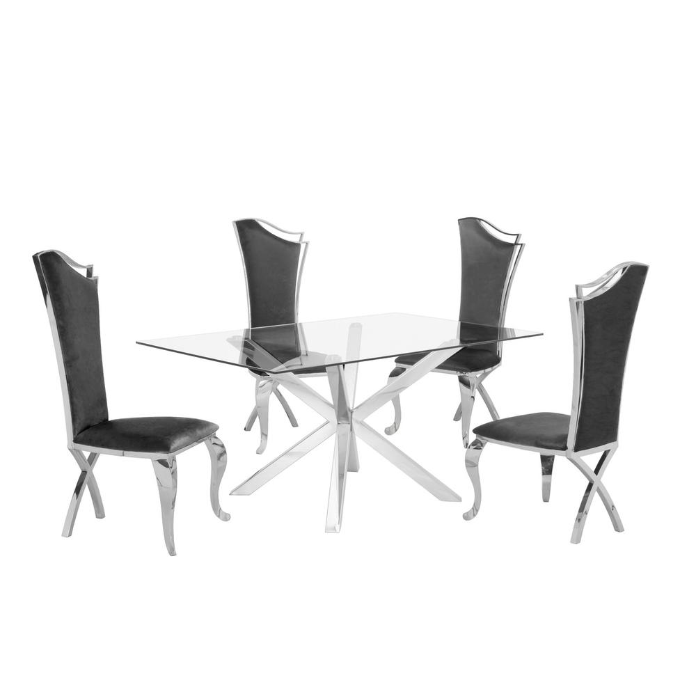 Contemporary Glass 5pc Dining Set, Glass Top Dining Table, Velvet Uph Dining Chairs w/ Silver Stainless Steel Frame, Dark Grey. Picture 1
