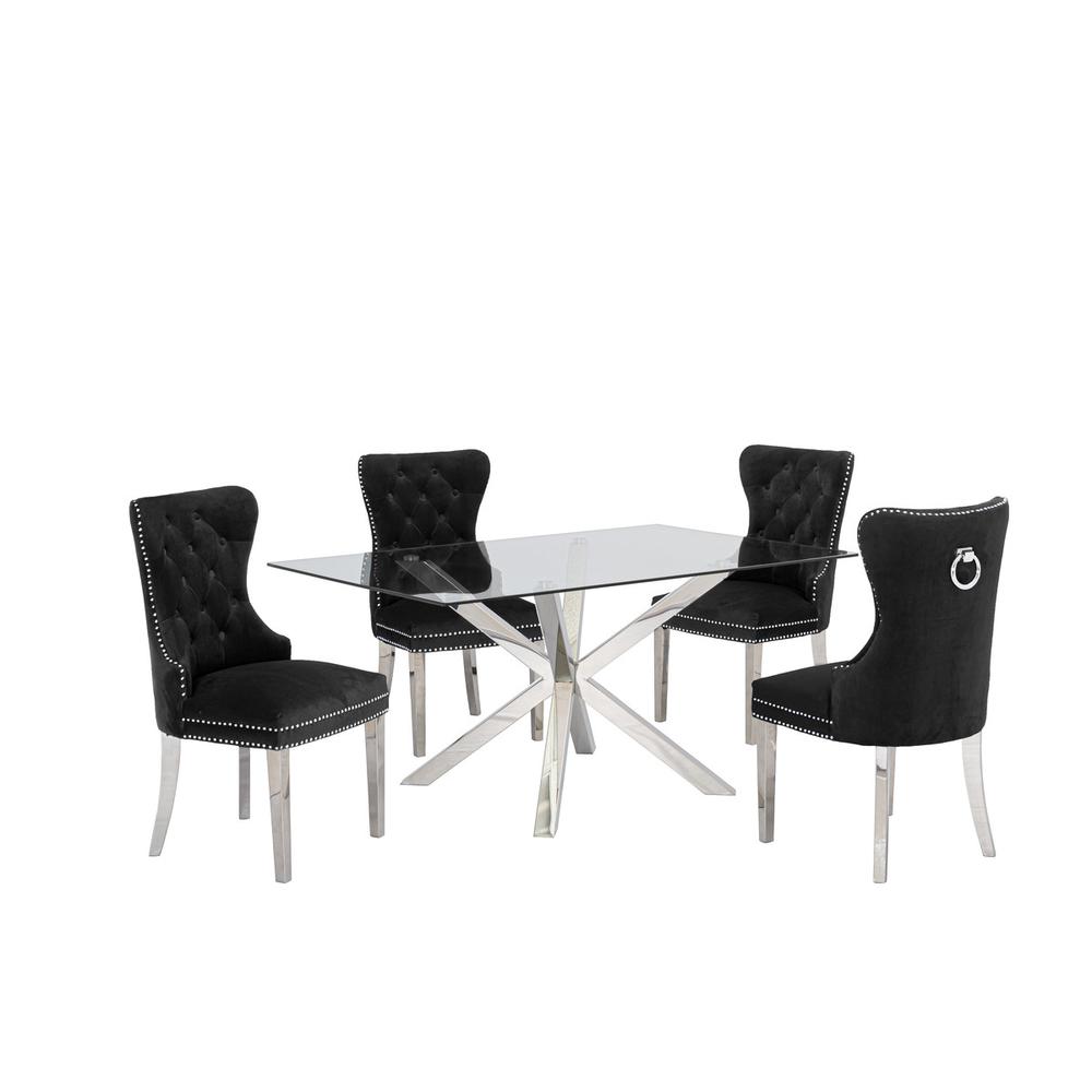 Contemporary Glass 5pc Dining Set, Glass Top Dining Table, Velvet Tufted Dining Chairs with Silver Stainless Steel Frame, Black. Picture 1