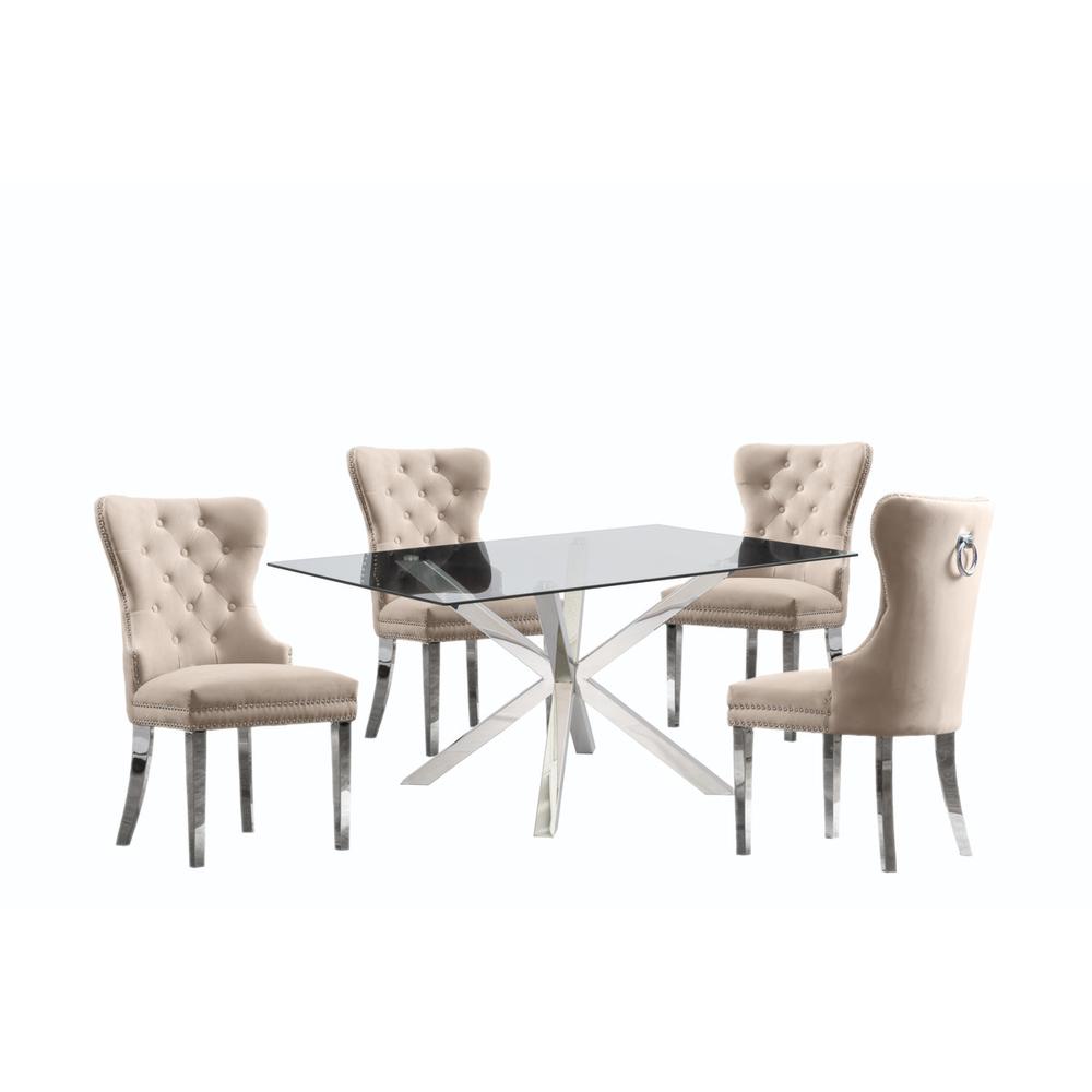 Contemporary Glass 5pc Dining Set, Glass Top Dining Table, Velvet Tufted Dining Chairs w/ Silver Stainless Steel Frame, Beige. Picture 1