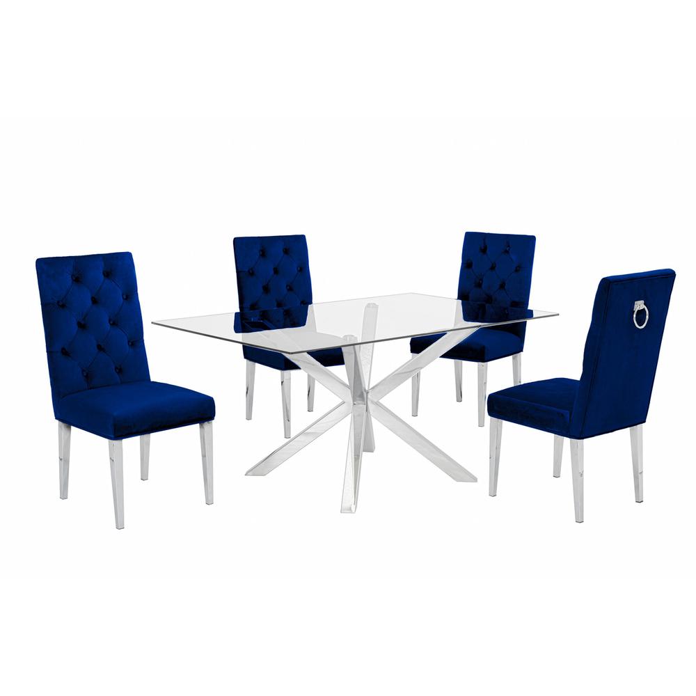 Contemporary Glass 5pc Dining Set, Glass Top Dining Table w/Stainless Steel Frame, Velvet Tufted Dining Chairs w/ Silver Chrome Legs, Navy Blue. Picture 1