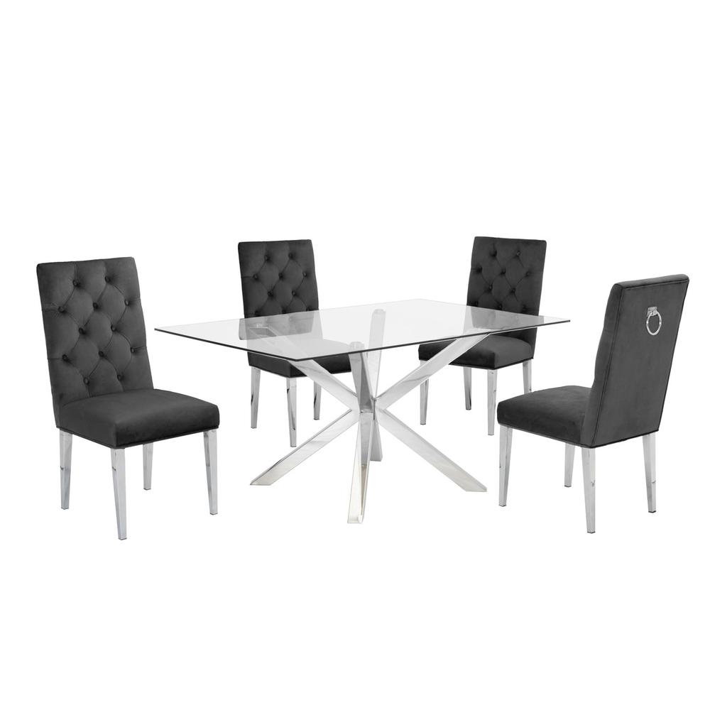 Contemporary Glass 5pc Dining Set, Glass Top Dining Table w/Stainless Steel Frame, Velvet Tufted Dining Chairs w/ Silver Chrome Legs, Dark Grey. Picture 1