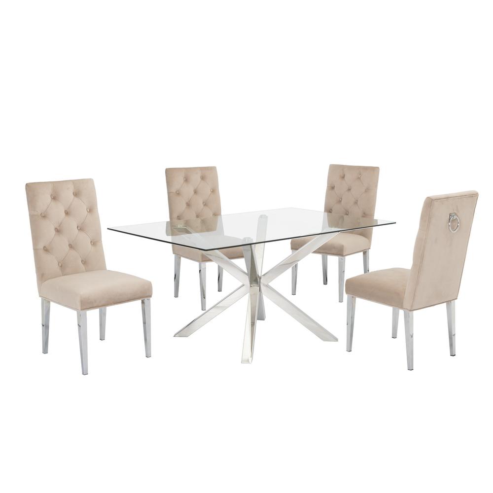 Contemporary Glass 5pc Dining Set, Glass Top Dining Table w/Stainless Steel Frame, Velvet Tufted Dining Chairs w/ Silver Chrome Legs, Beige. Picture 1