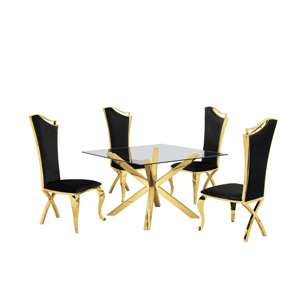 Contemporary Glass 5pc Dining Set, Glass Top Dining Table and Velvet Side Chairs with Gold Stainless Steel Frame, Black. Picture 1