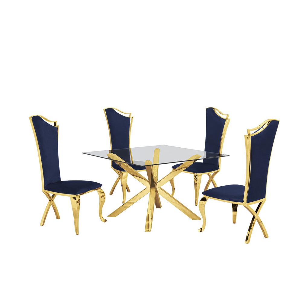 Contemporary Glass 5pc Dining Set, Glass Top Dining Table and Velvet Side Chairs with Gold Stainless Steel Frame, Navy Blue. Picture 1
