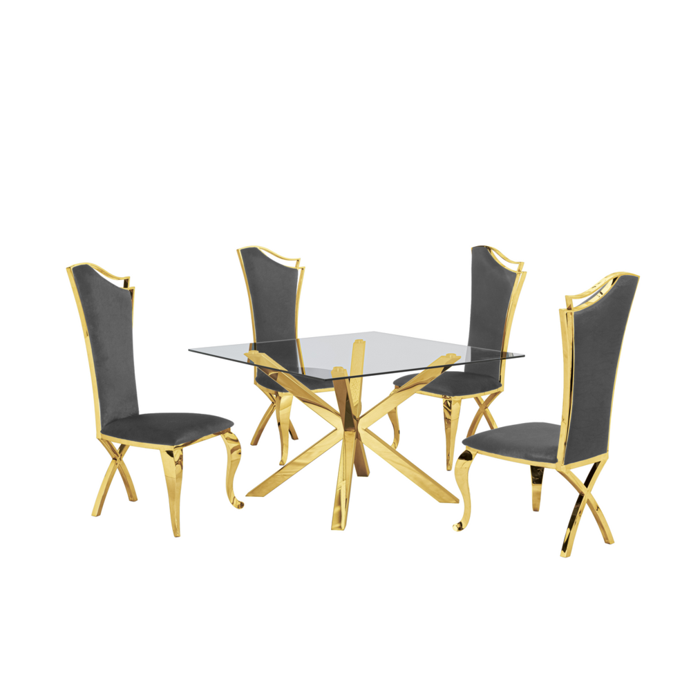 Contemporary Glass 5pc Dining Set, Glass Top Dining Table and Velvet Side Chairs with Gold Stainless Steel Frame, Dark Grey. Picture 1