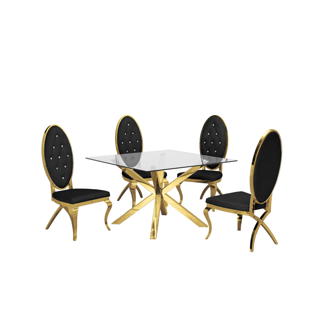 Contemporary Glass 5pc Dining Set, Glass Top Dining Table and Velvet Faux Crystal Tufted Side Chairs with Gold Stainless Steel Frame, Black. Picture 1