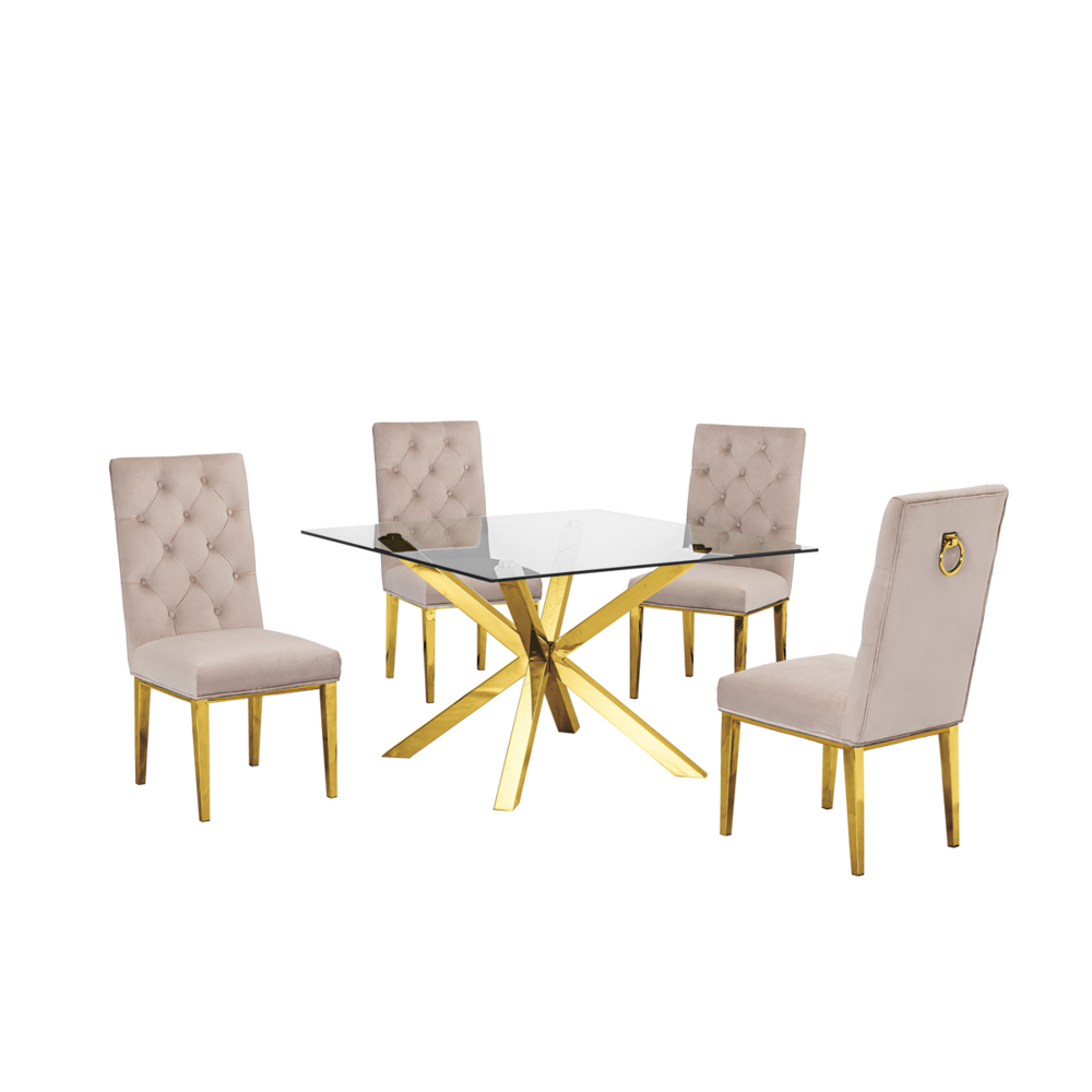 Contemporary Glass 5pc Dining Set, Glass Top Dining Table and Velvet Tufted Side Chairs with Gold Stainless Steel Frame, Beige. Picture 1