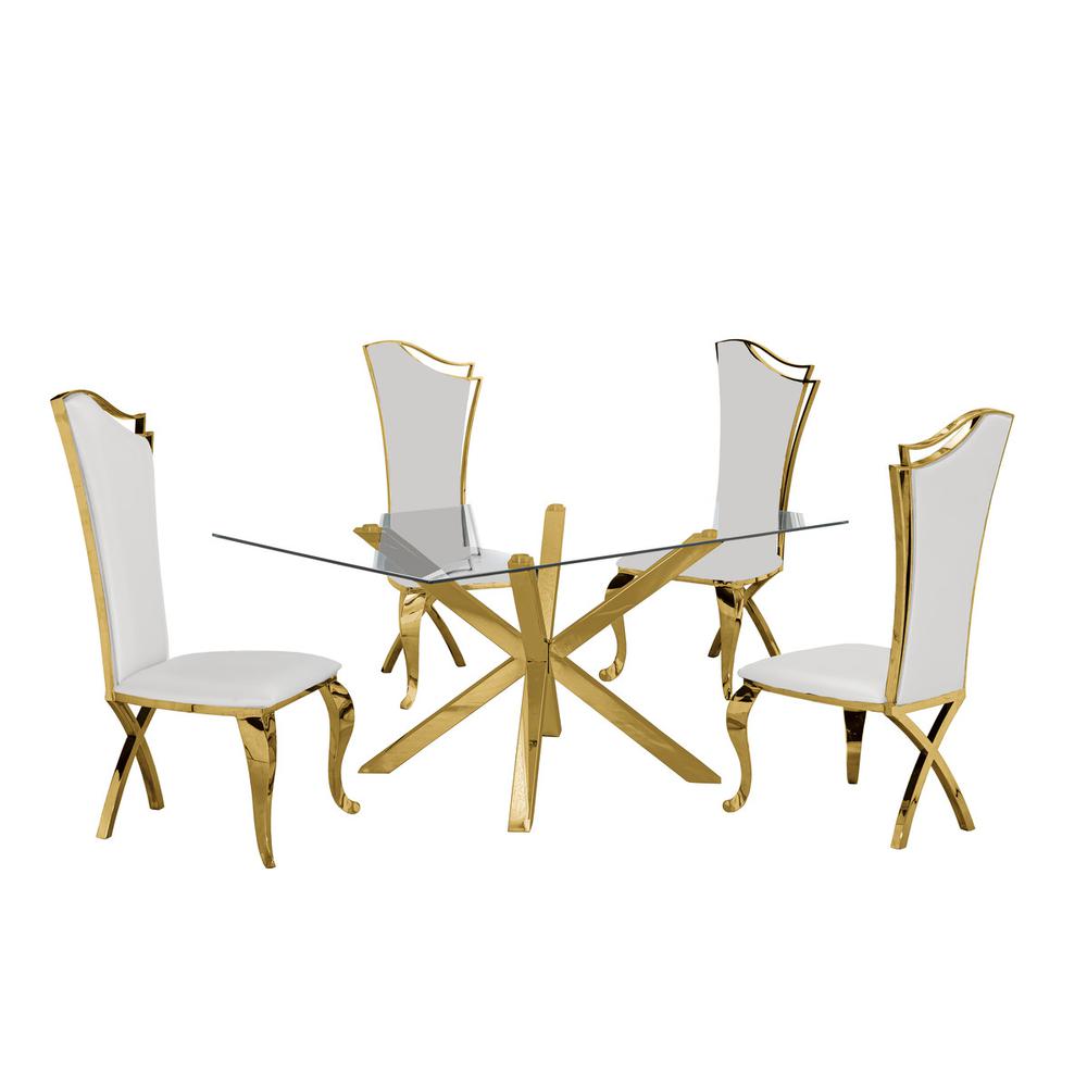 Contemporary 5pc Dining Set, Glass Dining Table w/Stainless Steel Gold Base & Faux Leather Stainless Steel Dining Chairs, White. Picture 1