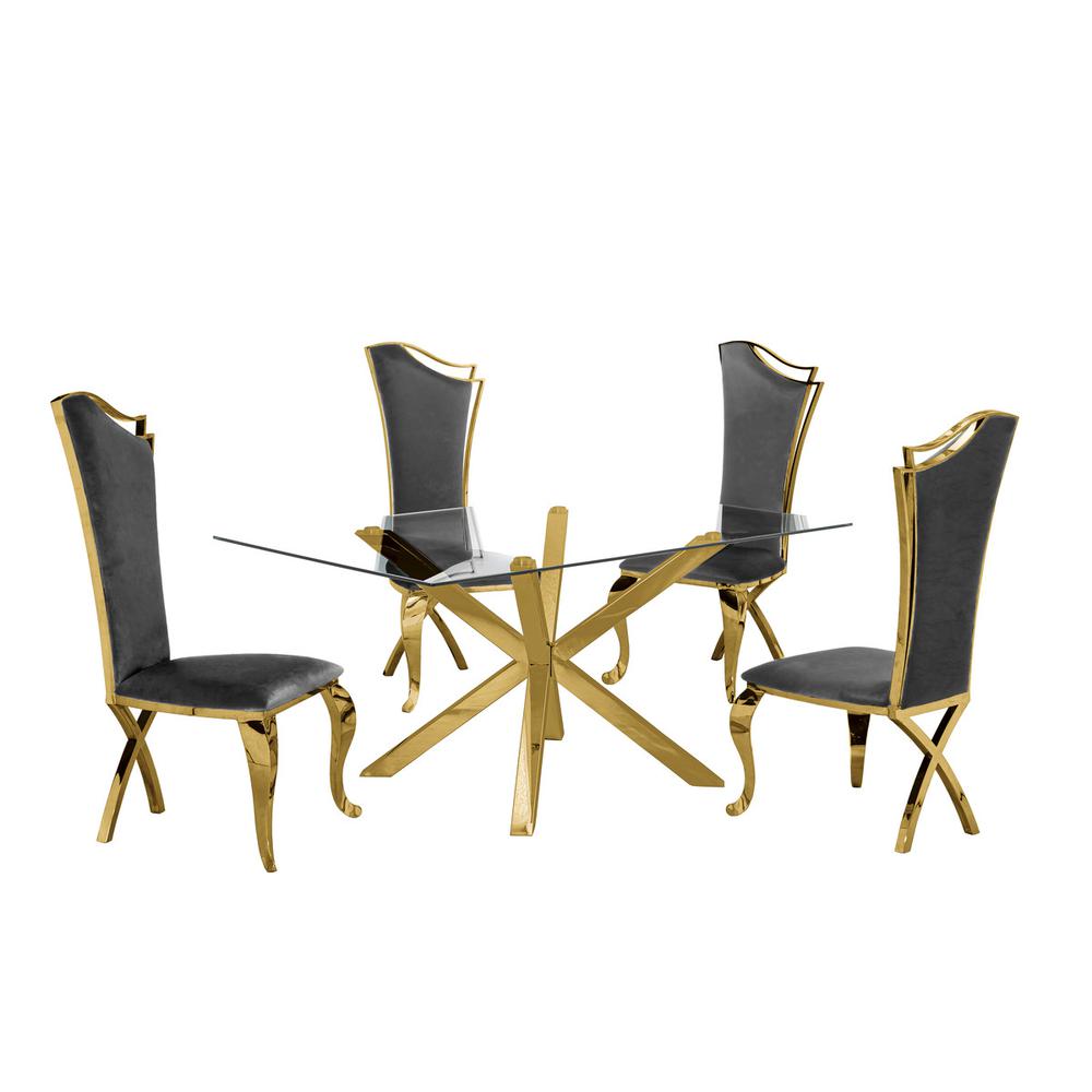 Contemporary 5pc Dining Set, Glass Dining Table w/Stainless Steel Gold Base & Velvet Stainless Steel Dining Chairs, Dark Grey. Picture 1