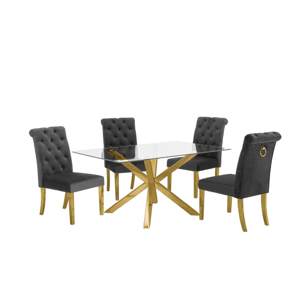 Contemporary 5pc Dining Set, Glass Dining Table w/Stainless Steel Gold Base & Velvet Rolled Tufted Stainless Steel Leg Dining Chairs, Dark Grey. Picture 1