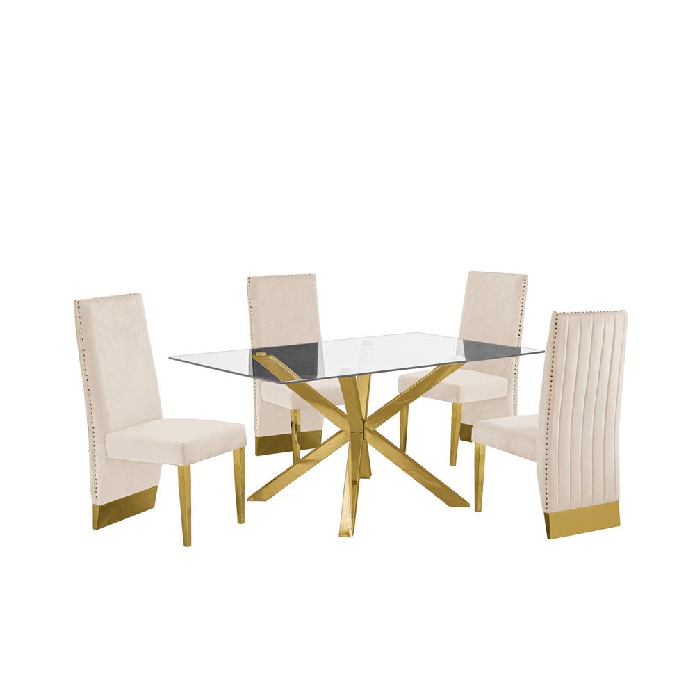 Contemporary 5pc Dining Set, Glass Dining Table w/Stainless Steel Gold Base & Velvet Pleated Chrome Support Dining Chairs, Beige. Picture 1