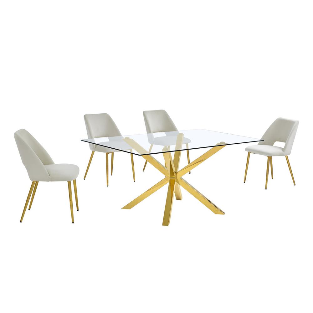 5pc modern glass dining table with 4 Cream side chairs. Picture 1