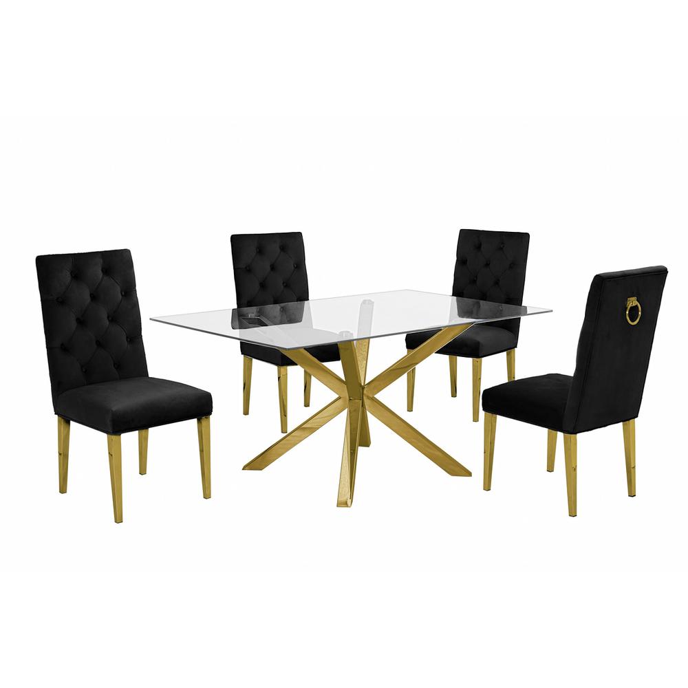 Contemporary 5pc Dining Set, Glass Dining Table w/Stainless Steel Gold Base & Velvet Tufted Chrome Leg Dining Chairs, Black. Picture 1