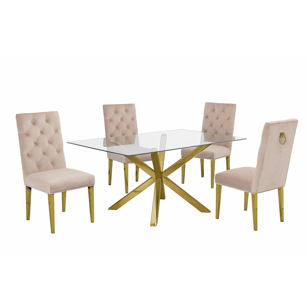 Contemporary 5pc Dining Set, Glass Dining Table w/Stainless Steel Gold Base & Velvet Tufted Chrome Leg Dining Chairs, Beige. Picture 1