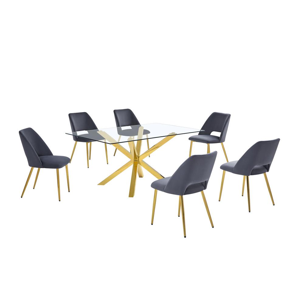 7pc modern glass dining table with 6 Dark grey side chairs. Picture 1