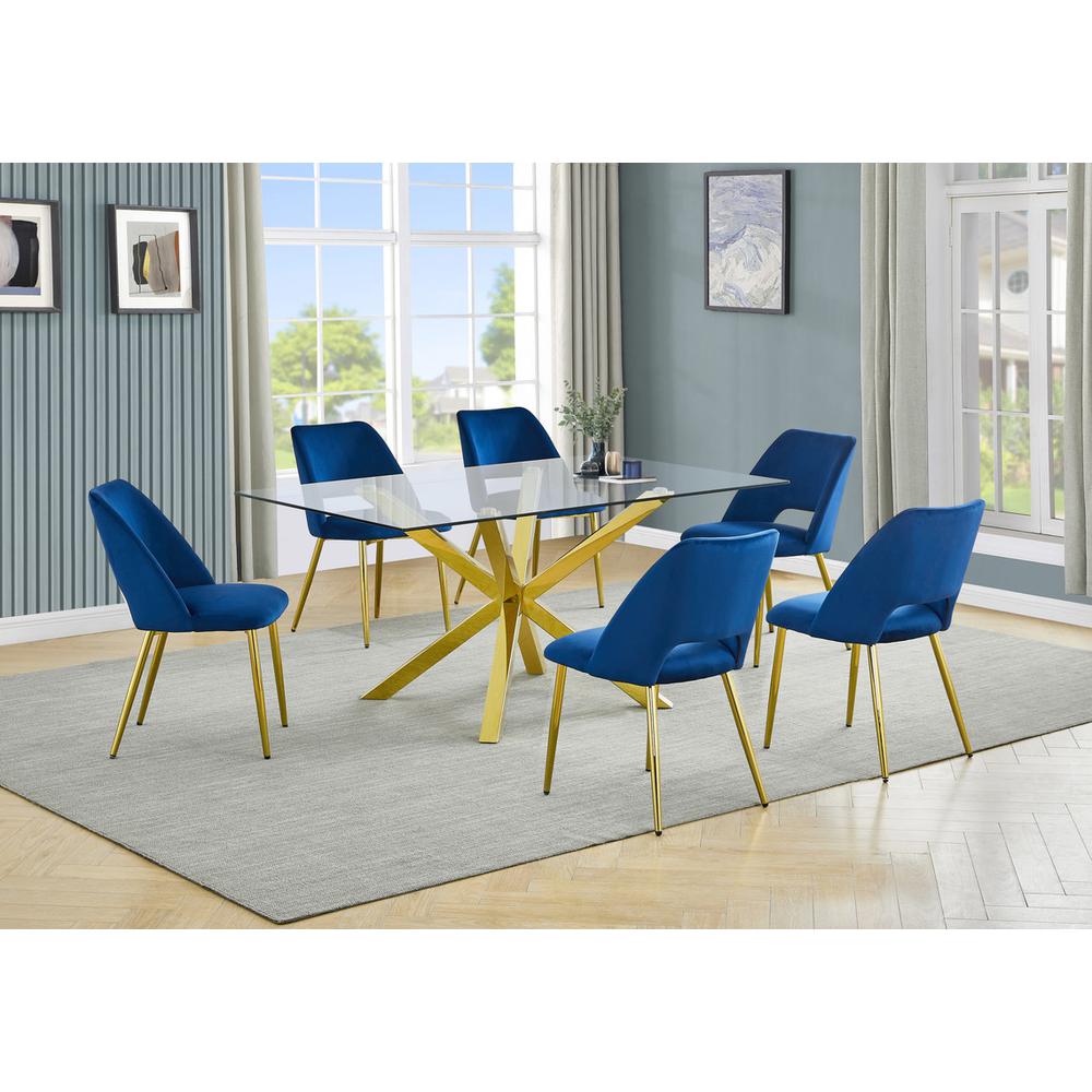 7pc modern glass dining table with 6 Navy blue side chairs. Picture 6