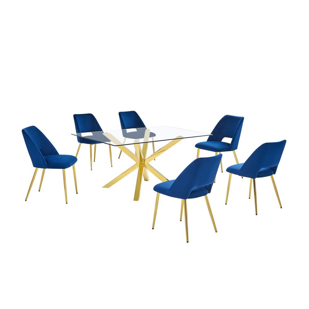 7pc modern glass dining table with 6 Navy blue side chairs. Picture 1