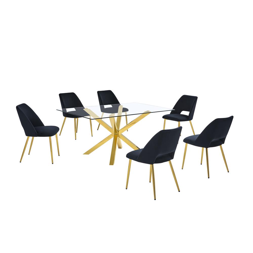 7pc modern glass dining table with 6 Black side chairs. Picture 1