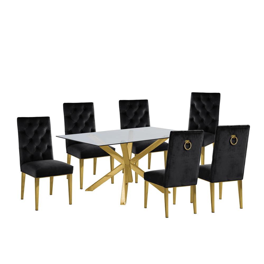 Contemporary 7pc Dining Set, Glass Dining Table w/Stainless Steel Gold Base & Velvet Tufted Chrome Leg Dining Chairs, Black. Picture 1