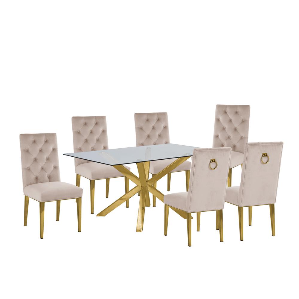 Contemporary 7pc Dining Set, Glass Dining Table w/Stainless Steel Gold Base & Velvet Tufted Chrome Leg Dining Chairs, Beige. Picture 1
