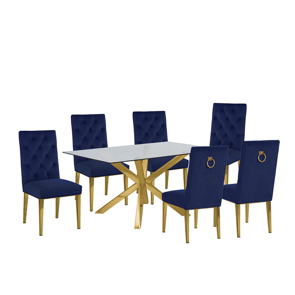 Contemporary 7pc Dining Set, Glass Dining Table w/Stainless Steel Gold Base & Velvet Tufted Chrome Leg Dining Chairs, Navy Blue. Picture 1