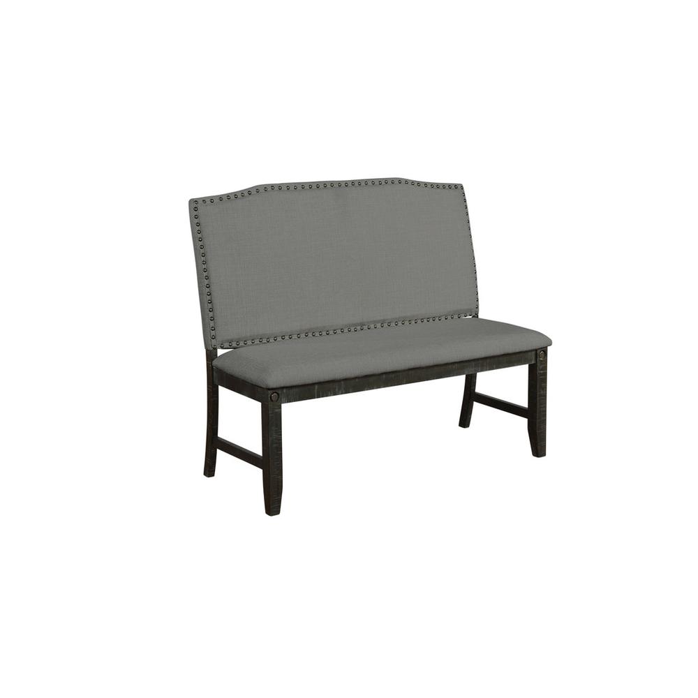 Classic Upholstered Dining Bench w/ Nailhead Trim in Linen Fabric, Dark Grey. Picture 1