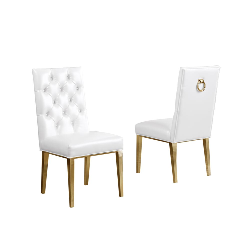 Gold Tempered Glass 7 Piece Dining Set Ring Chairs in White Faux Leather. Picture 1