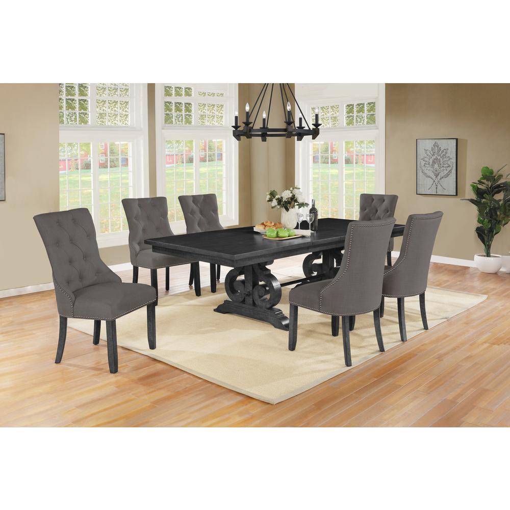 7 Piece Dining set with Dark Gray Solid wood Table, and Gray Linen Fabric Side Chairs. Picture 1