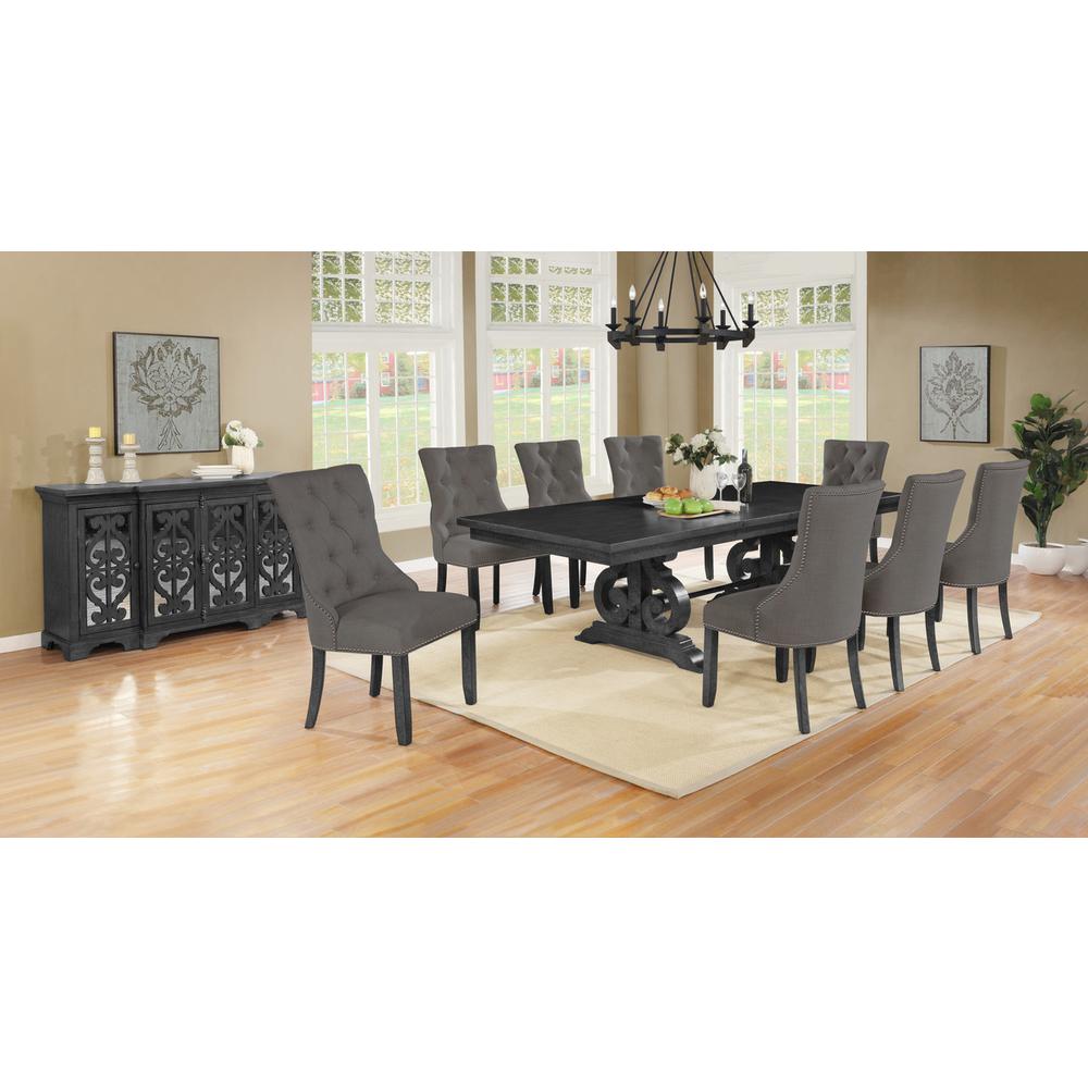 10 Piece Dining set with Dark Gray Solid wood Table, 8 Gray Linen Fabric Side Chairs, and a matching Sever. Picture 1