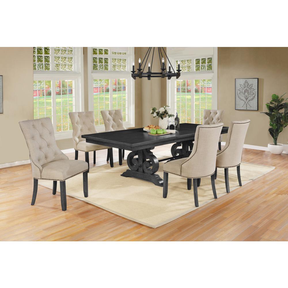 7 Piece Dining set with Dark Gray Solid wood Table, and Beige Linen Fabric Side Chairs. Picture 1