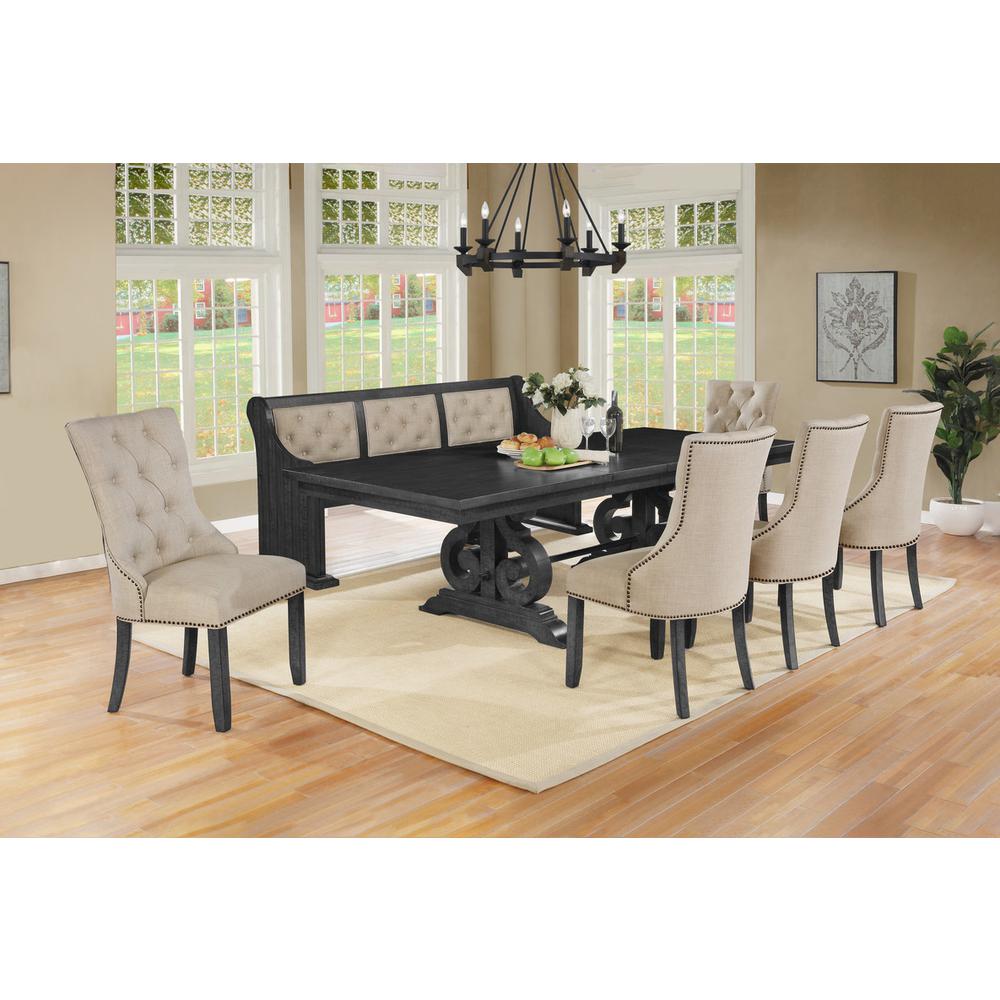 7 Piece Dining set with Dark Gray Solid wood Table, 5 Beige Linen Fabric Side Chairs, and One Matching Bench. Picture 1