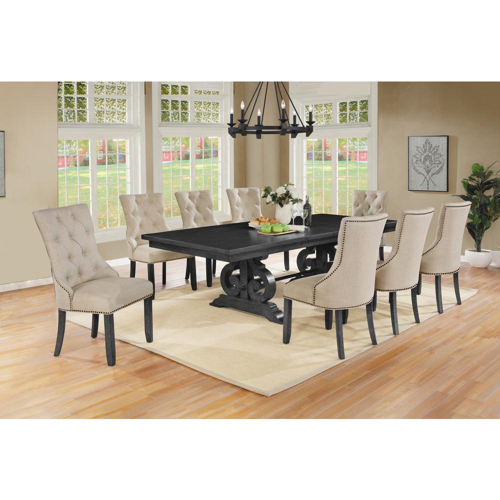 9 Piece Dining set with Dark Gray Solid wood Table and 8 Beige Linen Fabric Side Chairs. Picture 1