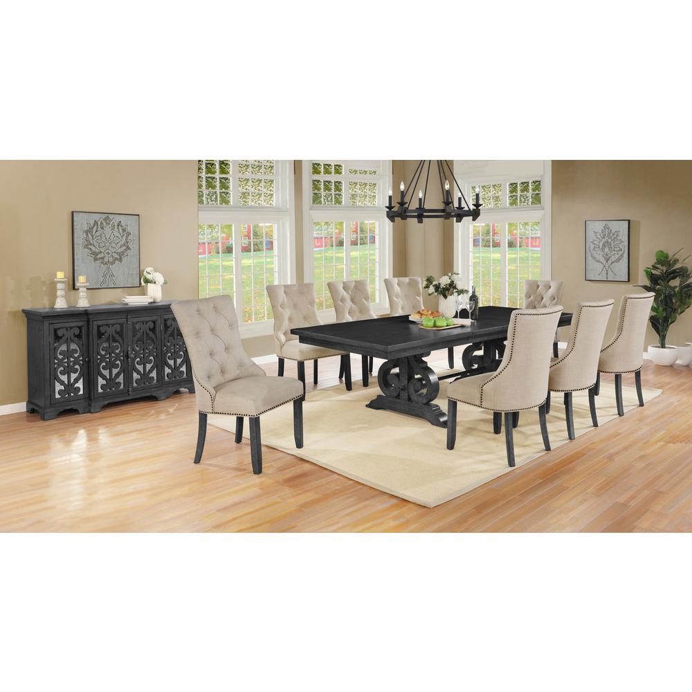 10 Piece Dining set with Dark Gray Solid wood Table, 8 Beige Linen Fabric Side Chairs, and a matching Sever. Picture 1