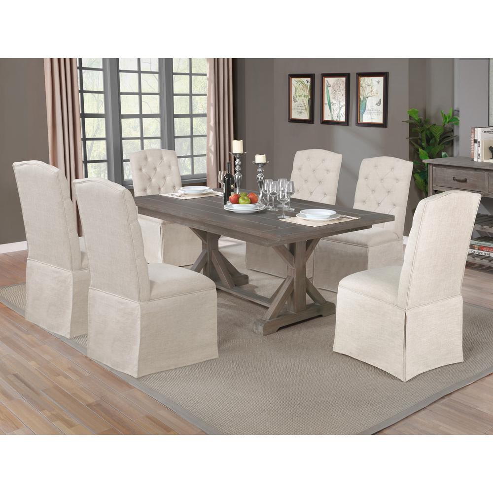 7pc Dining Set, Table w/ 34" Trestle and 6 Tufted Skirted Chairs in Beige. Picture 1