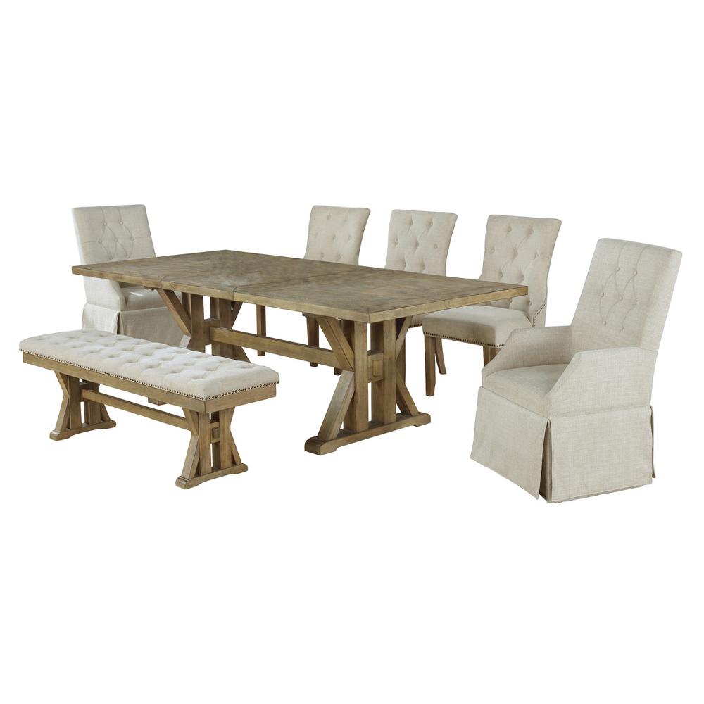 7pc dining set, 1 dining table, 2 arm chairs, 3 side chairs, and one bench. Picture 1