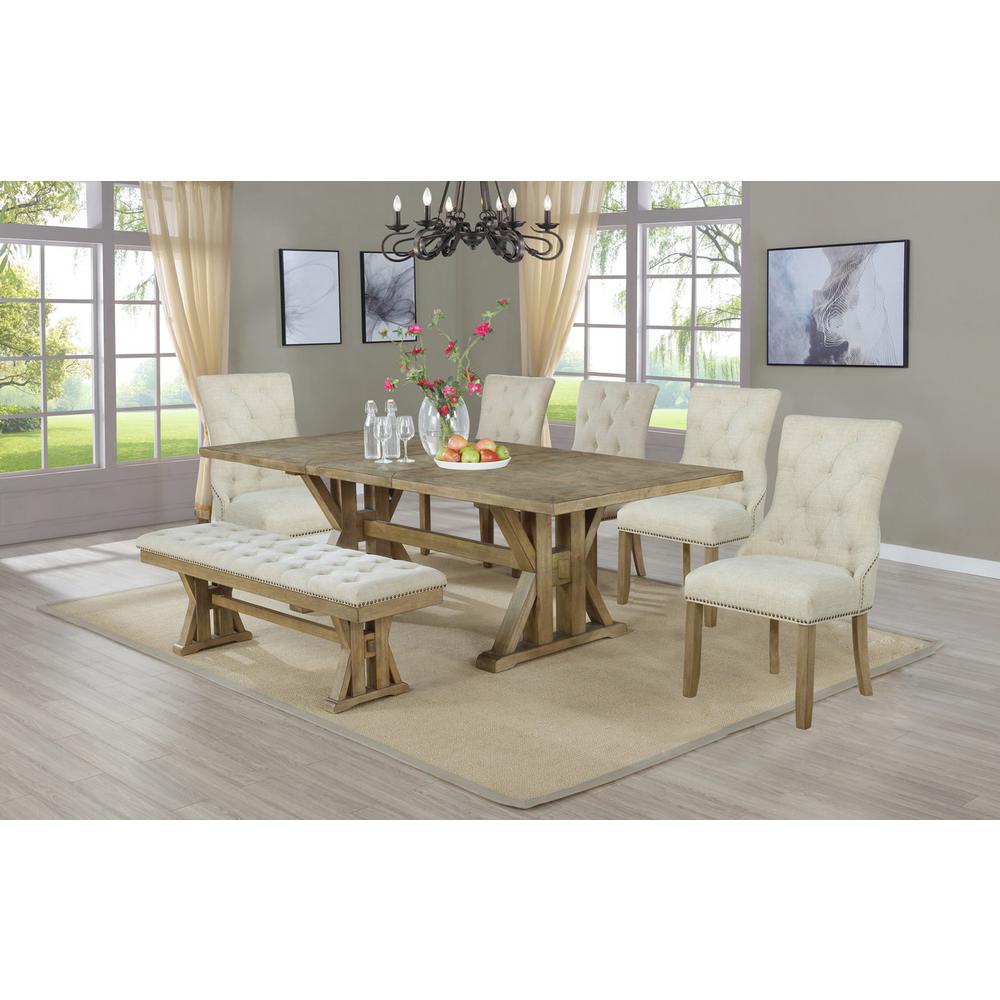 7 piece Dining Set with leaf for expandable table, Five Beige linen fabric chairs, and one bench in Beige. Picture 1