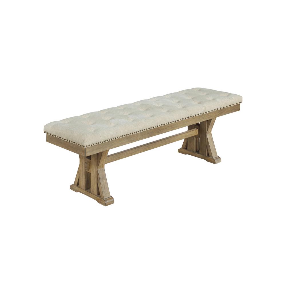 Cushioned dining bench in beige linen fabric. Picture 1