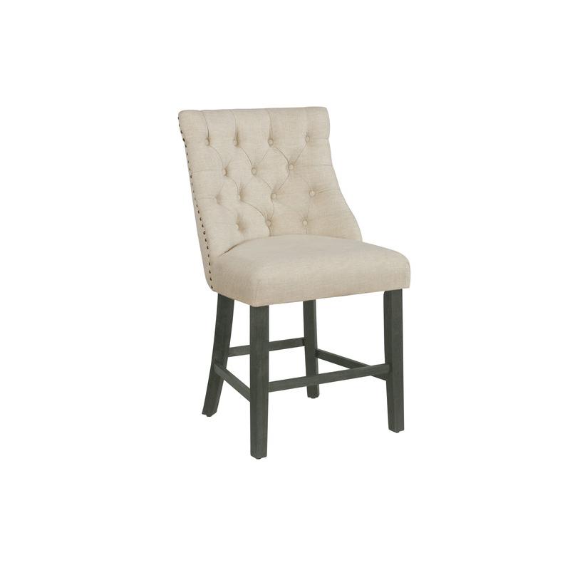 Counter height dining chairs in beige linen fabric with tufted buttons. Picture 1