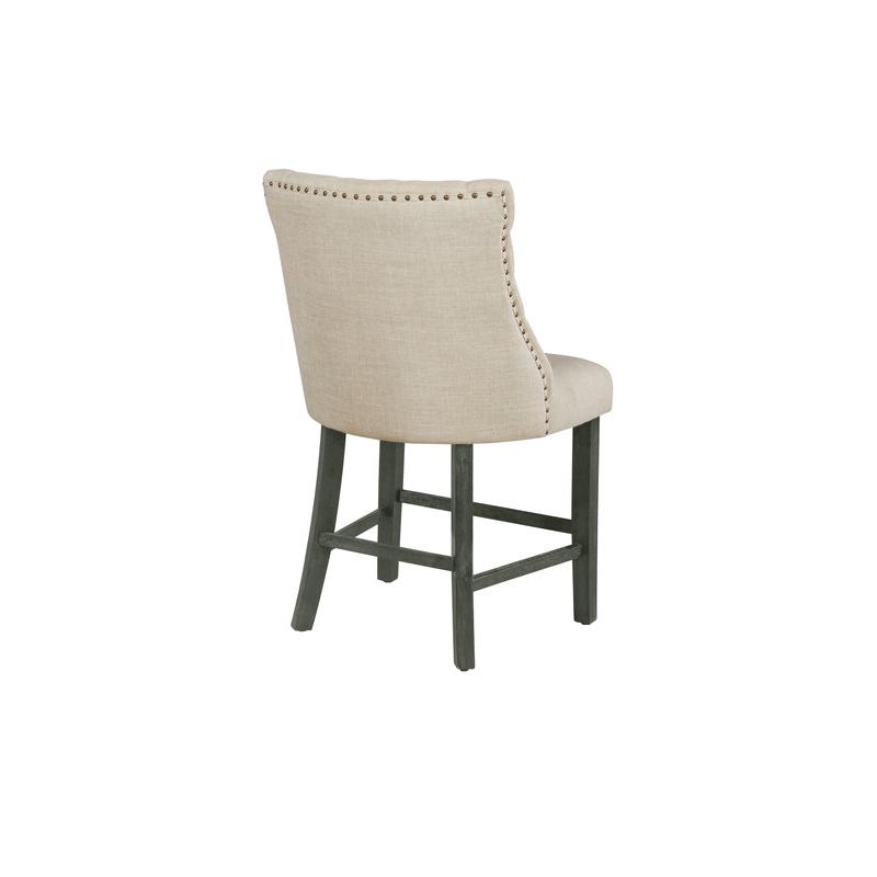 Counter height dining chairs in beige linen fabric with tufted buttons. Picture 2