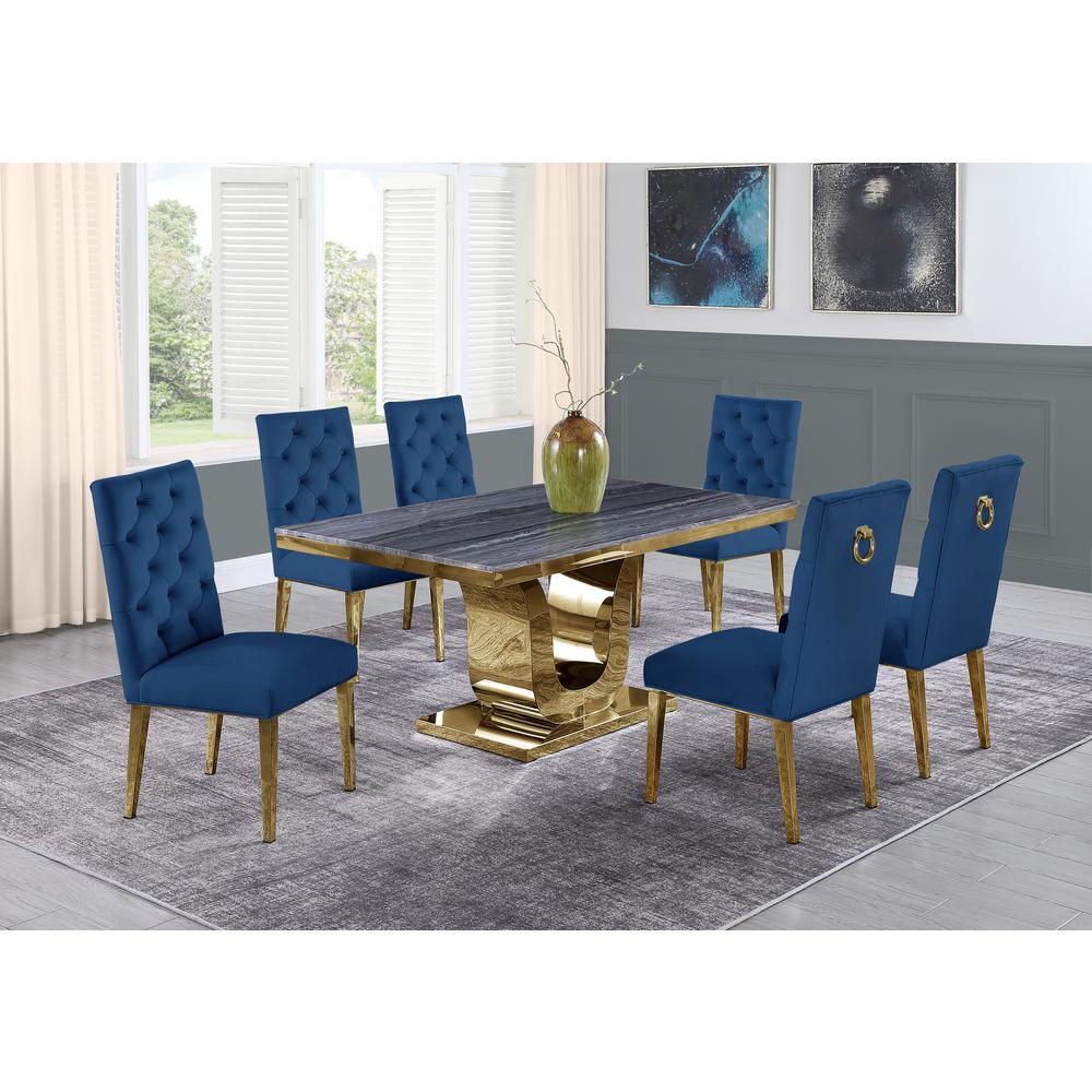 Dark Grey Marble 7pc Set Tufted Ring Chairs in Navy Blue Velvet. Picture 1